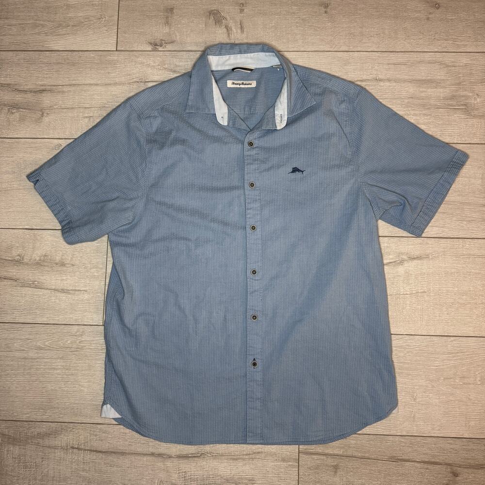 Tommy Bahama Mens Short Sleeve Blue Textured Button Up Shirt Size L